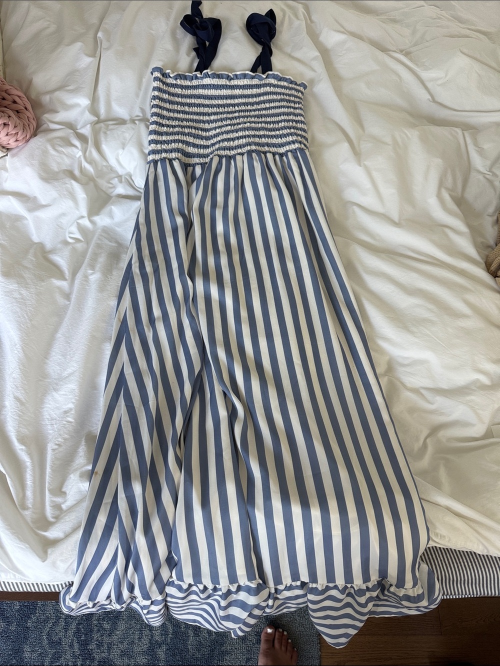 summersalt Blue and White Striped Maxi Dress with Smocked Bodice